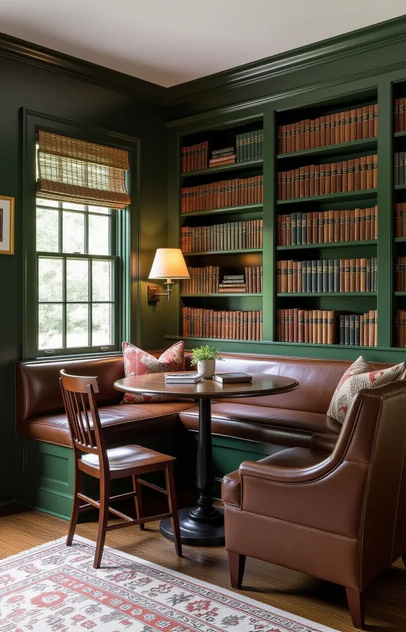 small dining room that doubles library with forest