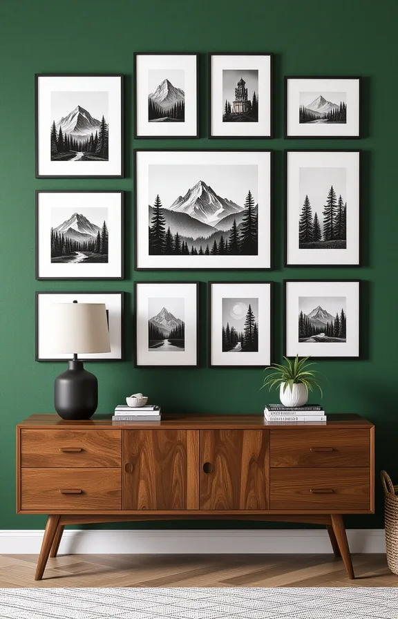 densely hung gallery wall black and white prints