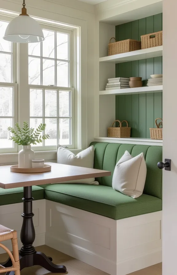 3/4 view shot built-in banquette with forest green