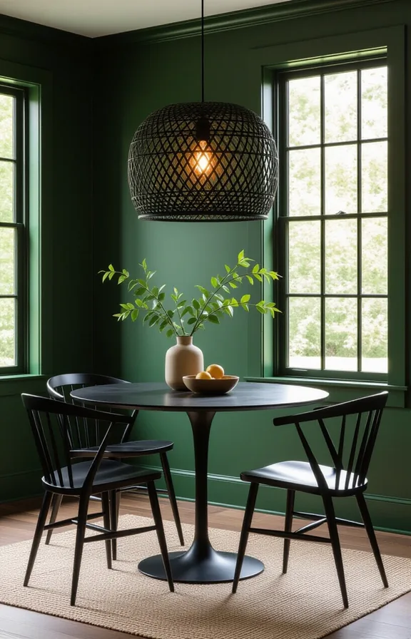 3/4 view shot compact dining area with forest