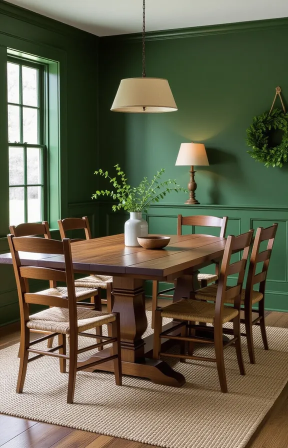small dining space with rich forest green walls
