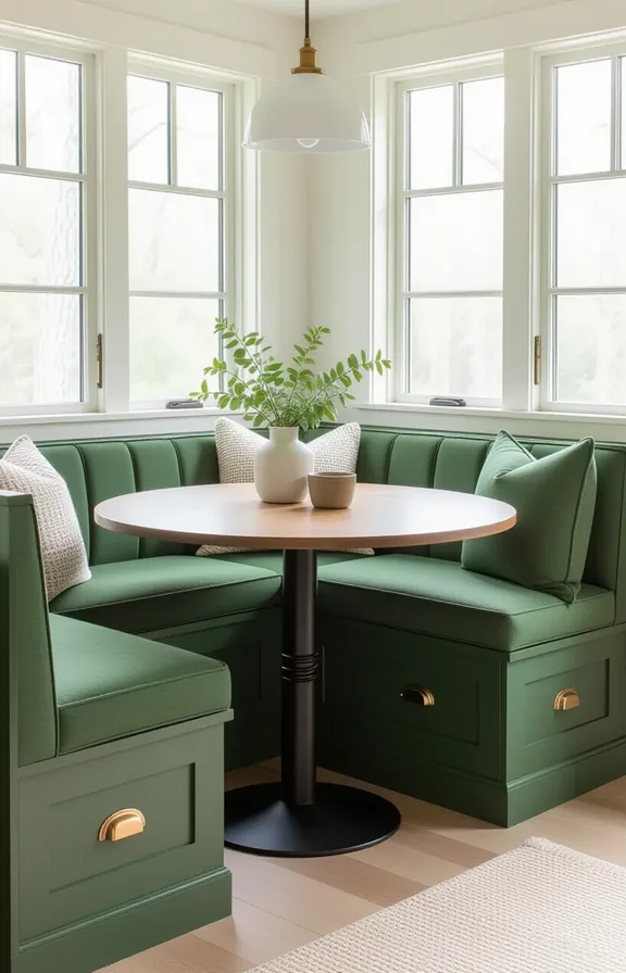 3/4 view shot built-in forest green painted banquette