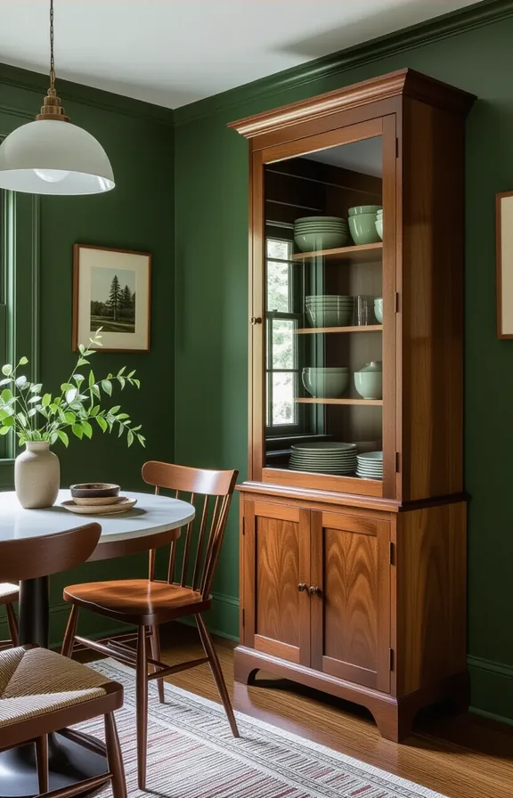 compact dining room with forest green walls tall