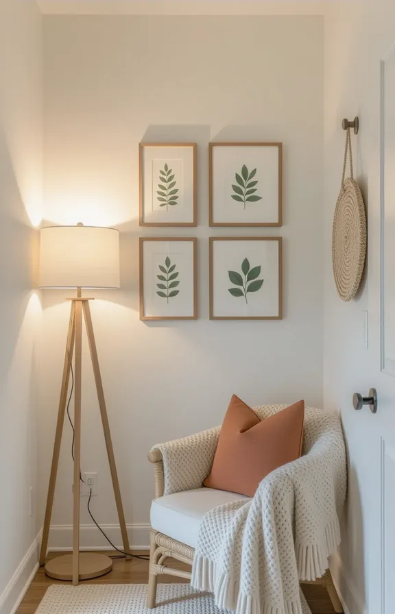 Eye-level view narrow hallway wall featuring arrangement small