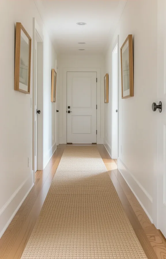 Eye-level view down narrow rental hallway floor simple