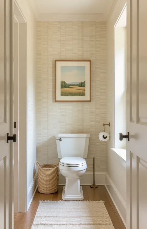 Eye-level view narrow hallway's focal wall covered removable