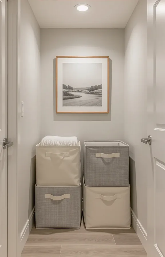 Three-quarter view tight apartment hallway with three stackable