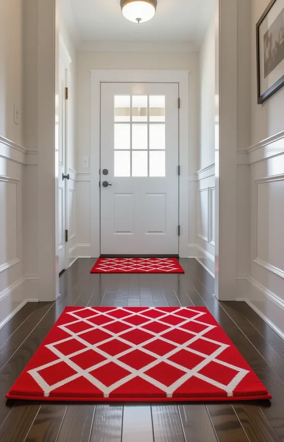 Medium shot rental apartment entryway floor bright crimson