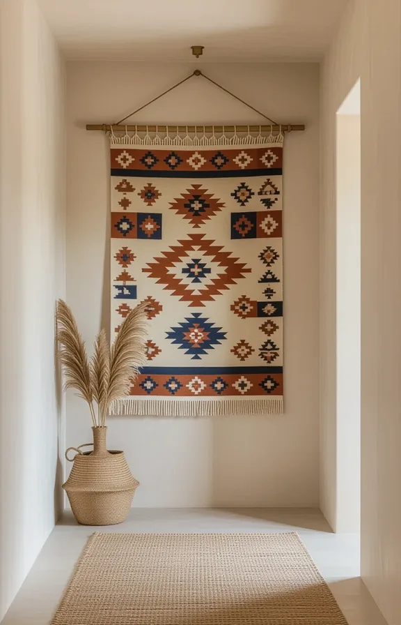 Three-quarter view long bland rental hallway large woven