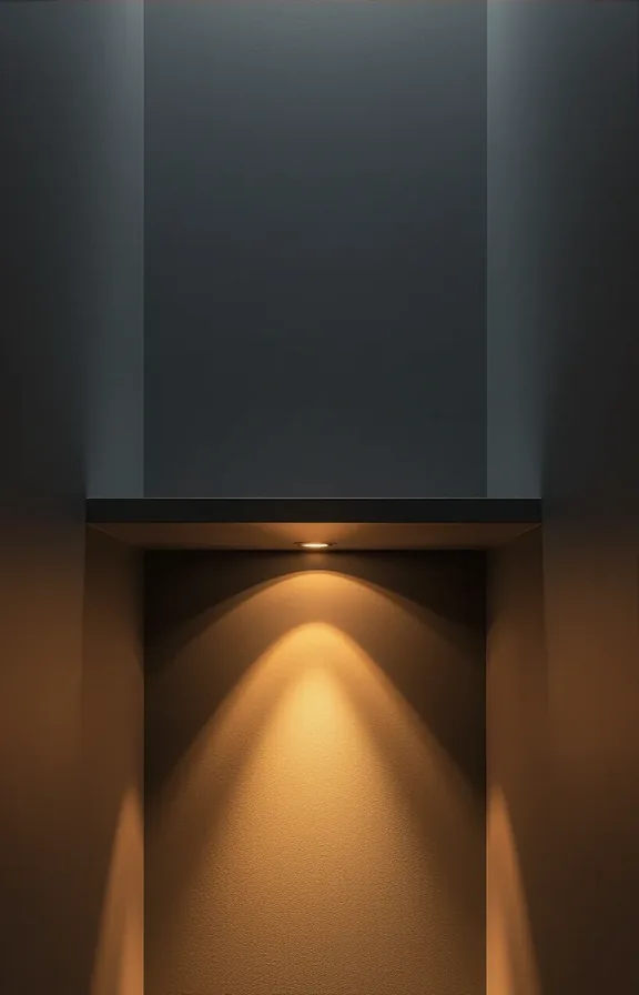 Medium shot looking floating shelf dark hallway with