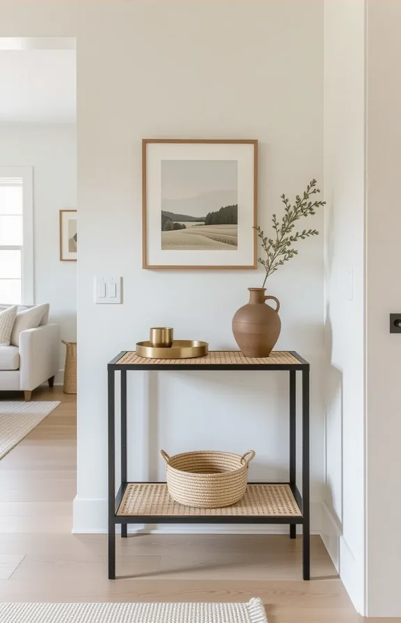 Three-quarter view compact apartment hallway slender black metal