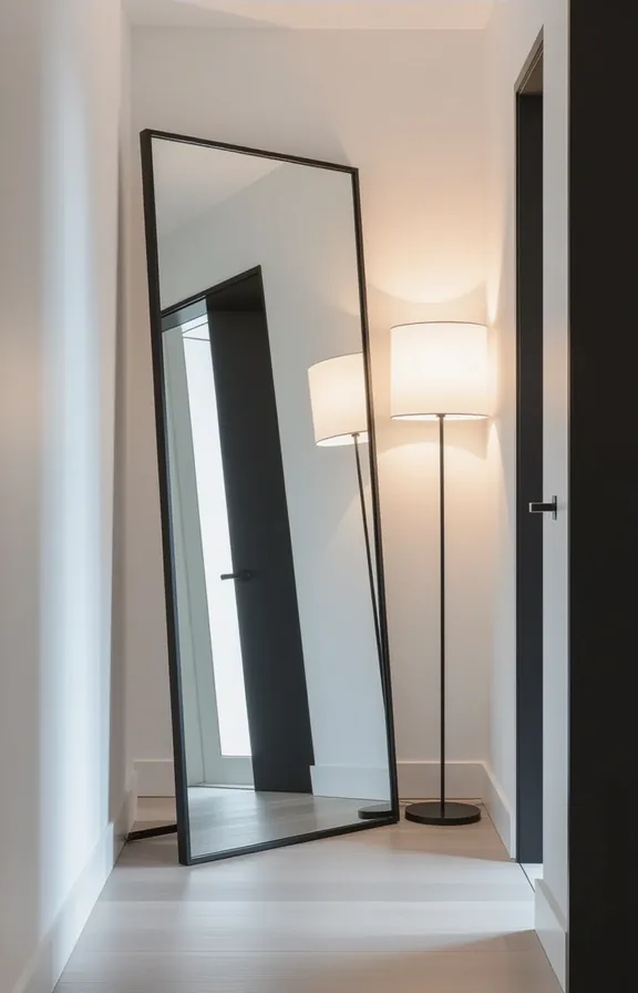 Eye-level view narrow windowless hallway large leaning floor