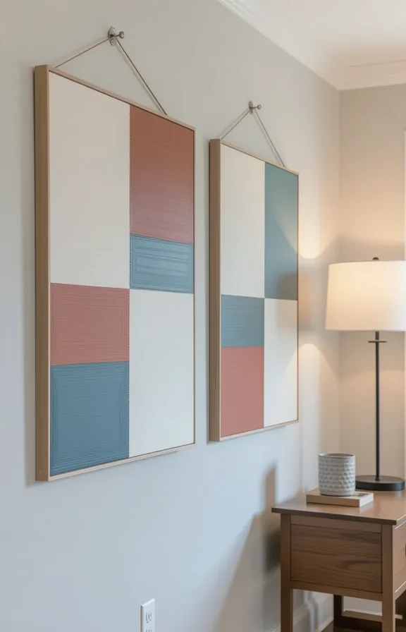 Medium shot hallway wall displaying two large unframed