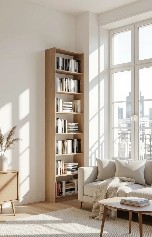 3/4 view tall freestanding bookshelf partially blocking large