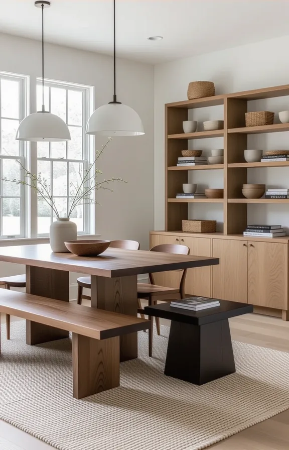 Wide shot studio space containing medium-toned oak dining