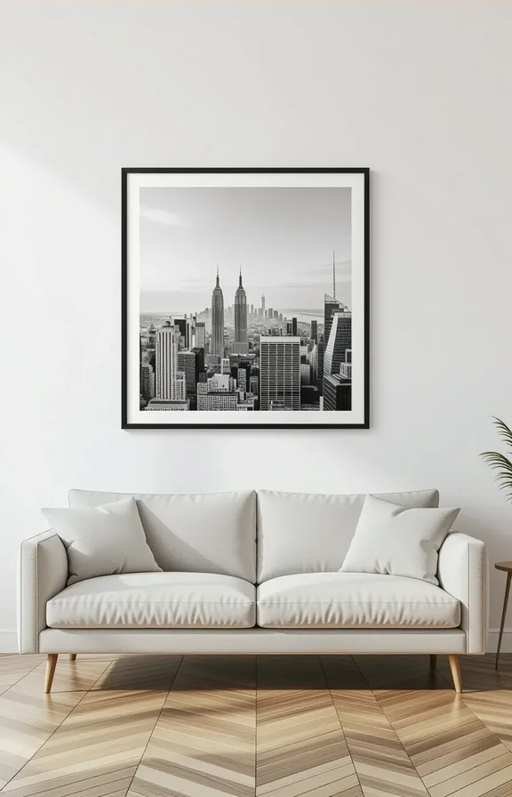 Medium shot single small framed black-and-white photograph hanging