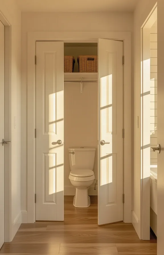 3/4 view closed doors small closet and bathroom