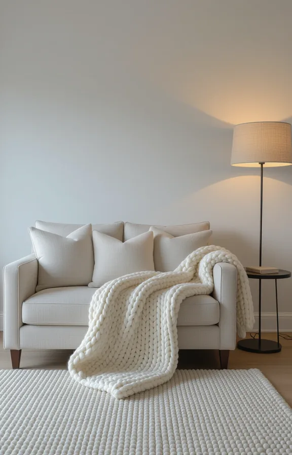Medium shot studio living area textured only with chunky wool, raw wood, and nubby linens, creating visual weight.