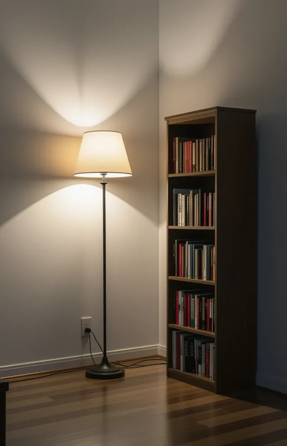 3/4 view single central floor lamp casts small