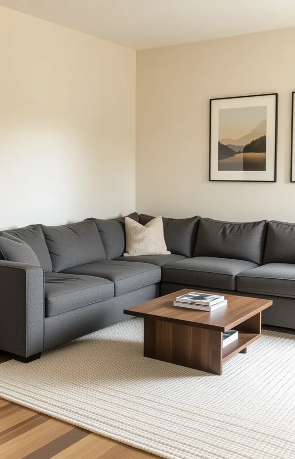 Wide shot bulky charcoal grey sectional sofa dominating