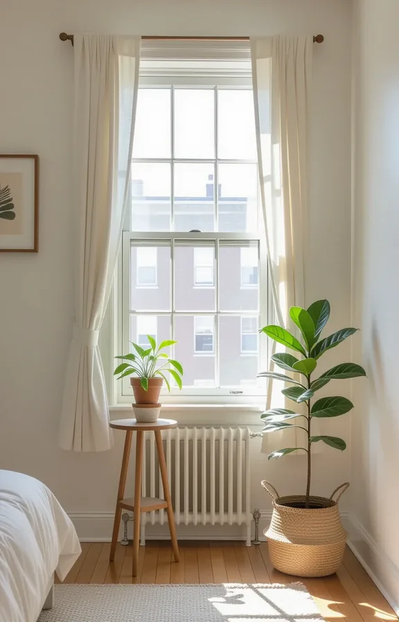 short curtains hanging just above small apartment window