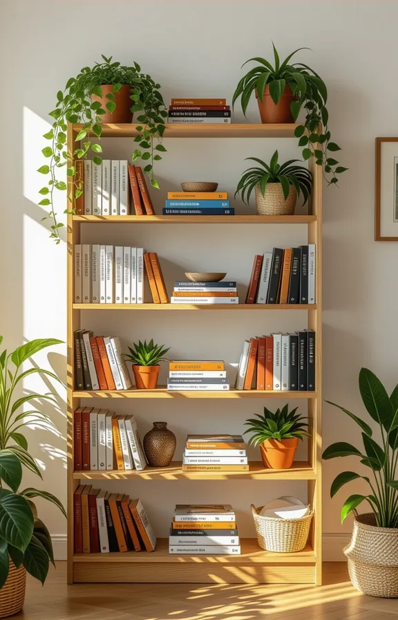Medium shot open wooden shelves crammed with books