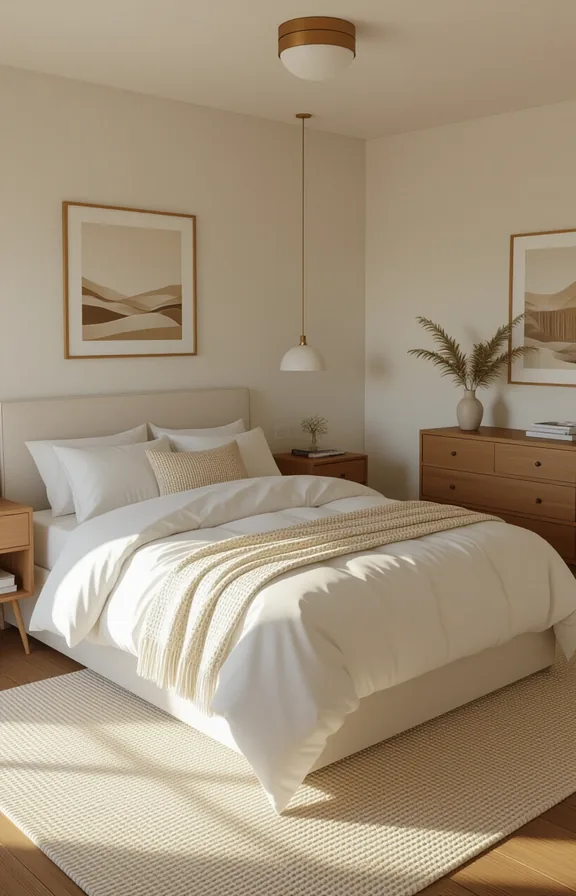 Wide shot double bed centered studio apartment equal