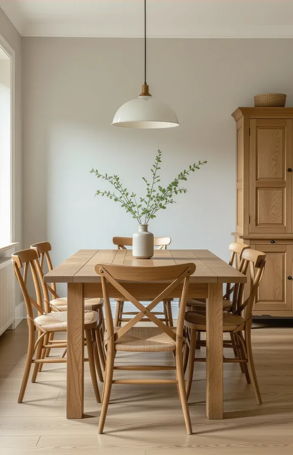 3/4 view large solid oak dining table and