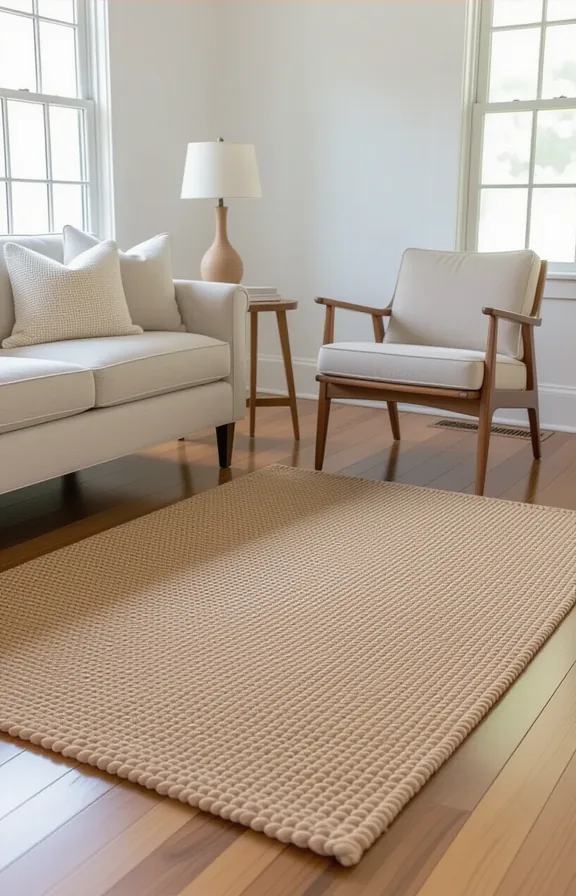 small 4x6 beige jute rug floating the center