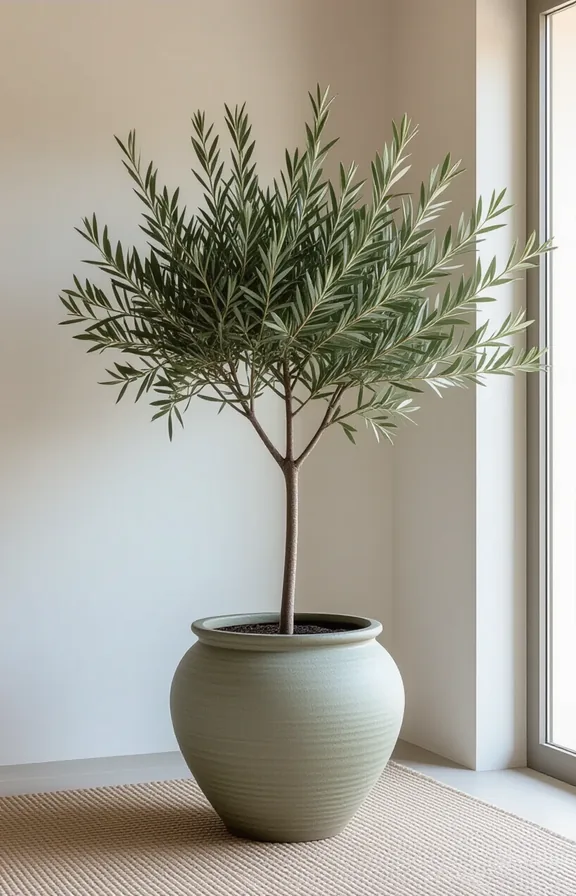 corner bright room featuring mature olive tree planted