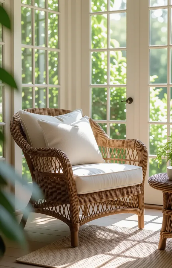 Medium shot corner sunroom patio featuring classic Peacock-style