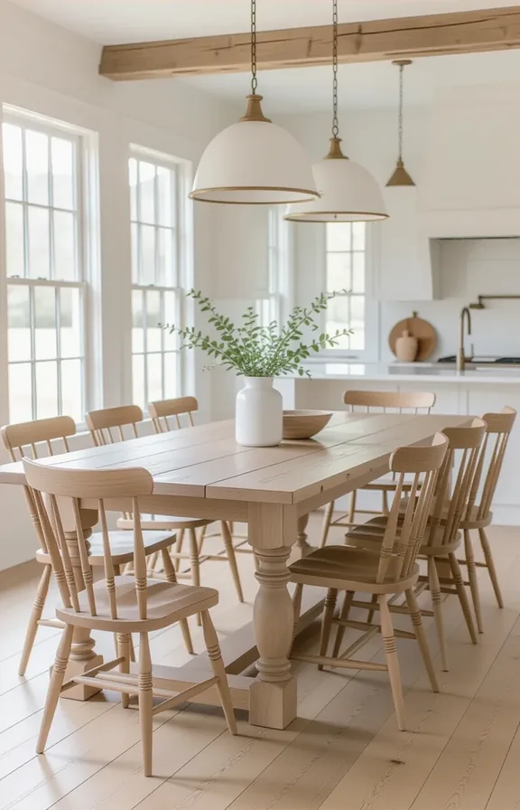 Wide shot dining area showcasing long rectangular farmhouse