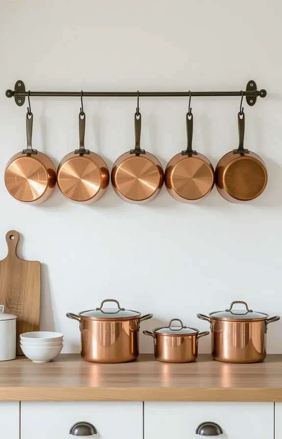 plain kitchen wall displaying collection vintage copper pots