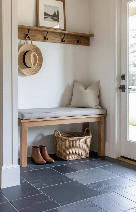 Medium shot entryway mudroom floor featuring dark grey