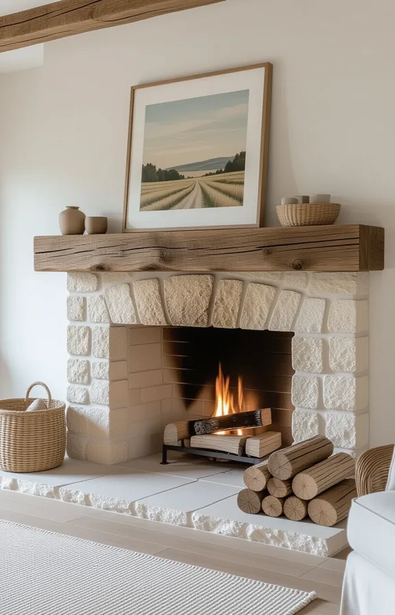 Three-quarter view living room fireplace showcasing rustic limestone
