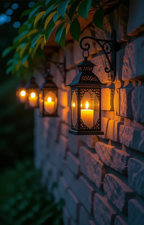 patio garden wall dusk featuring string vintage-style iron