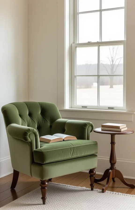 Medium shot reading nook window showcasing faded sage
