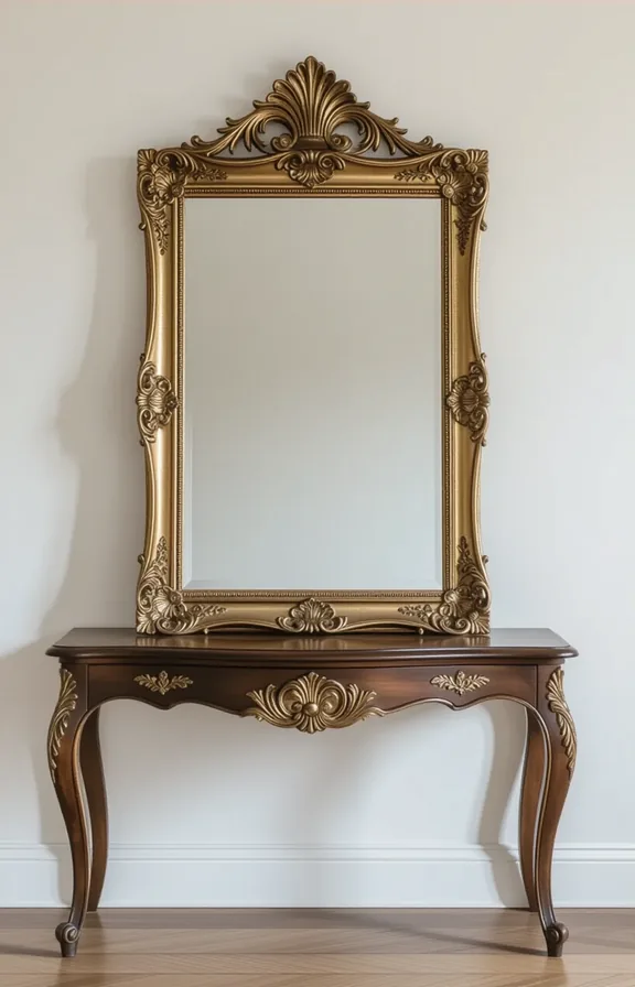 console table against plain wall displaying large ornate