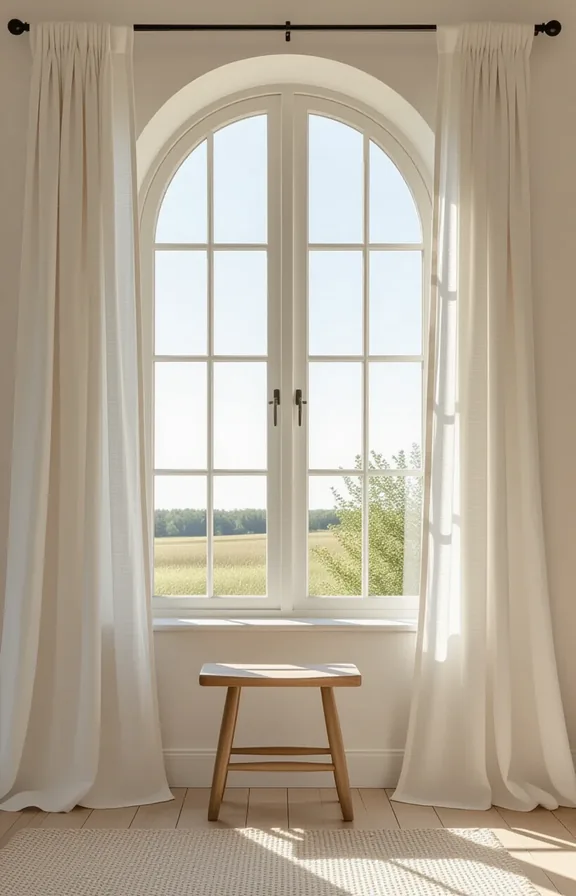 Three-quarter view living room window alcove depicting plain
