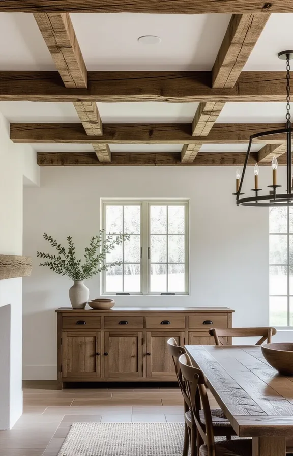 dining room ceiling showing rustic reclaimed wood beams