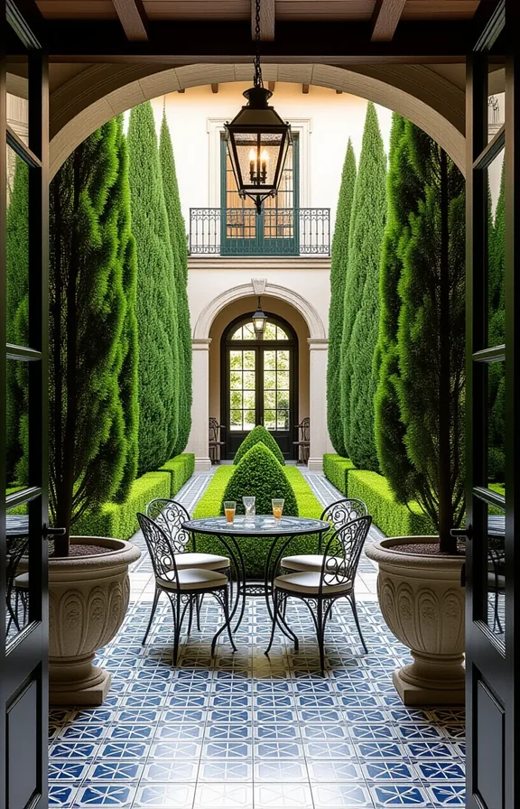 Wide shot interior courtyard visible from inside showing