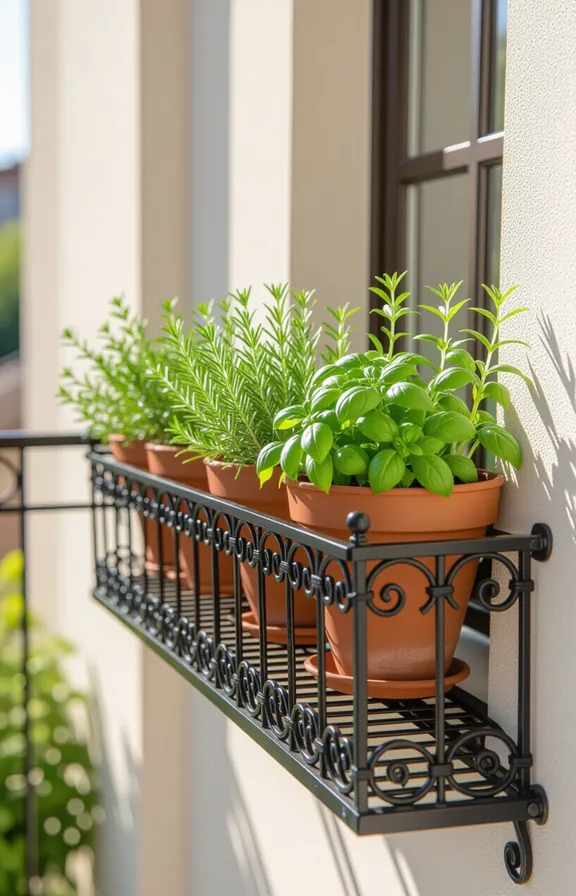 Three-quarter view small balcony railing featuring row clay