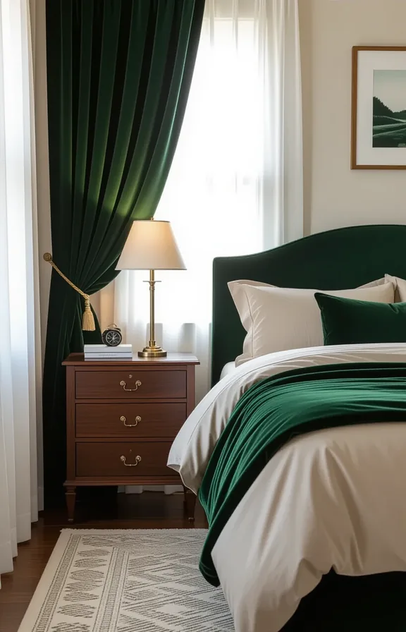 Medium shot deep emerald velvet bedspread draped over