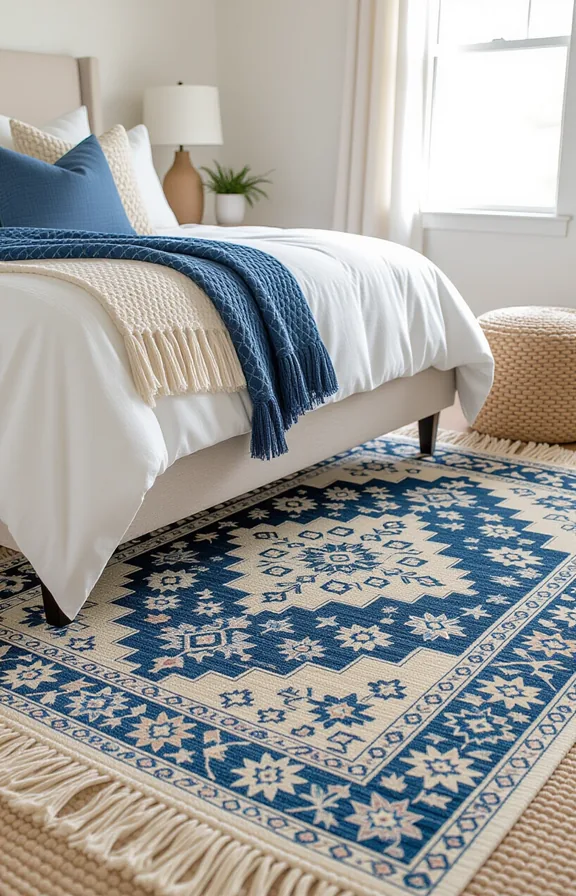 layered rug setup rental bedroom floor large neutral