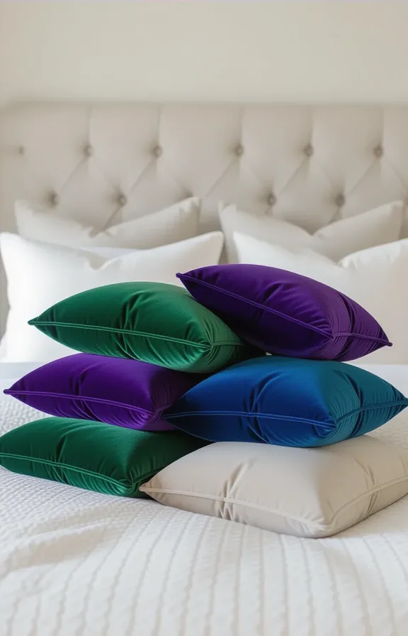 Overhead-style medium shot pile velvet throw pillows emerald