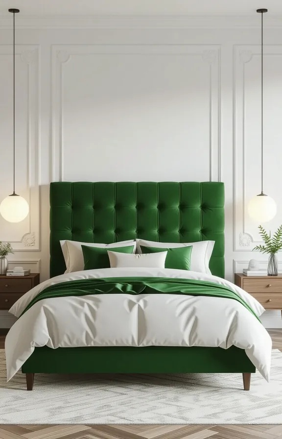 3/4 view deep green velvet upholstered panel secured