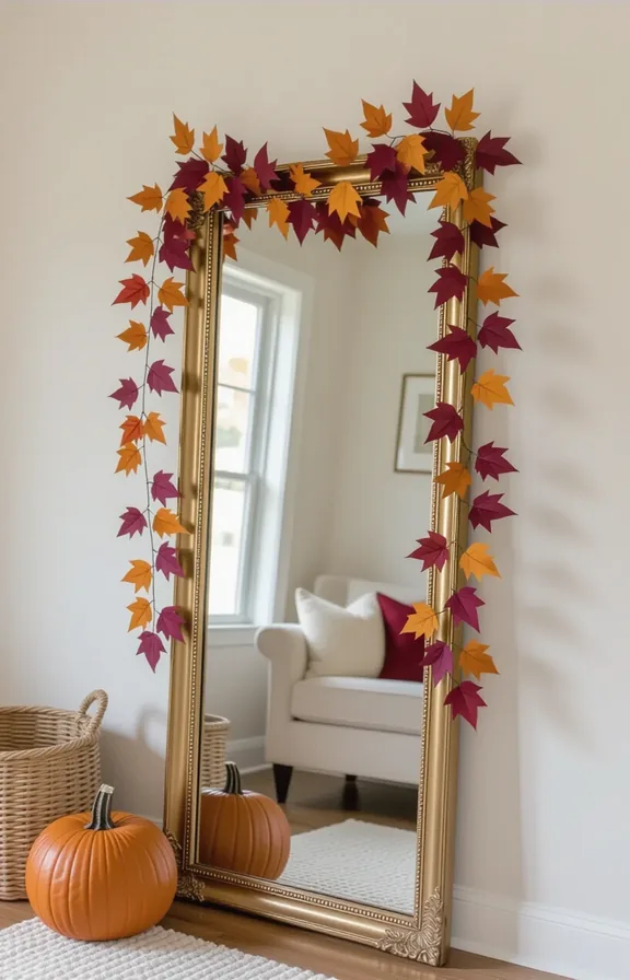 Medium shot fall-themed fabric garland with jewel-toned leaves