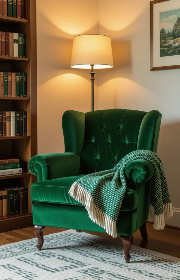 Wide shot deep emerald velvet armchair placed bedroom