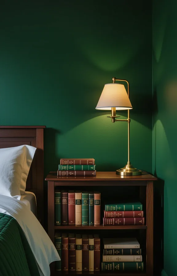 Medium shot dark corner rental bedroom styled for