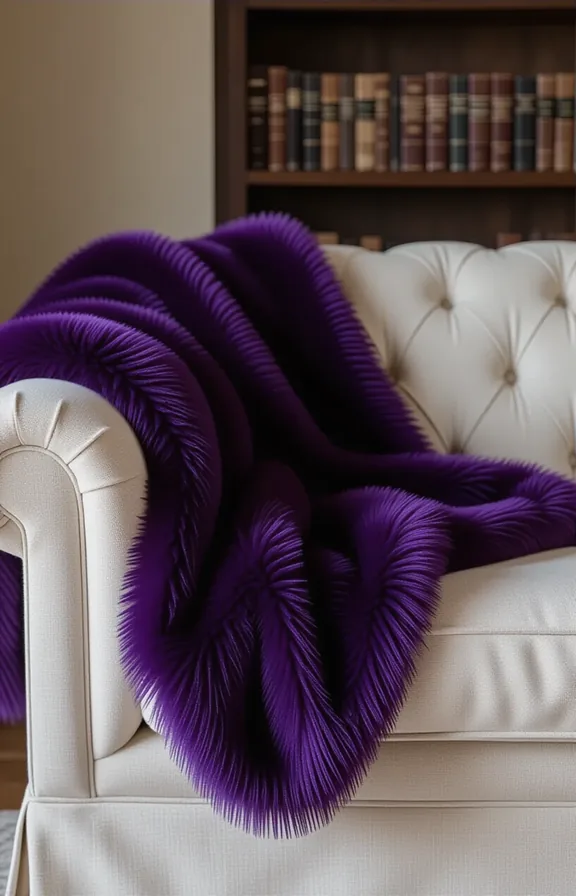 Close medium shot faux fur throw deep amethyst